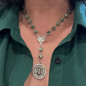 Handcrafted, Green Specked Jasper Bumblebee Necklace FREE earrings w/purchase